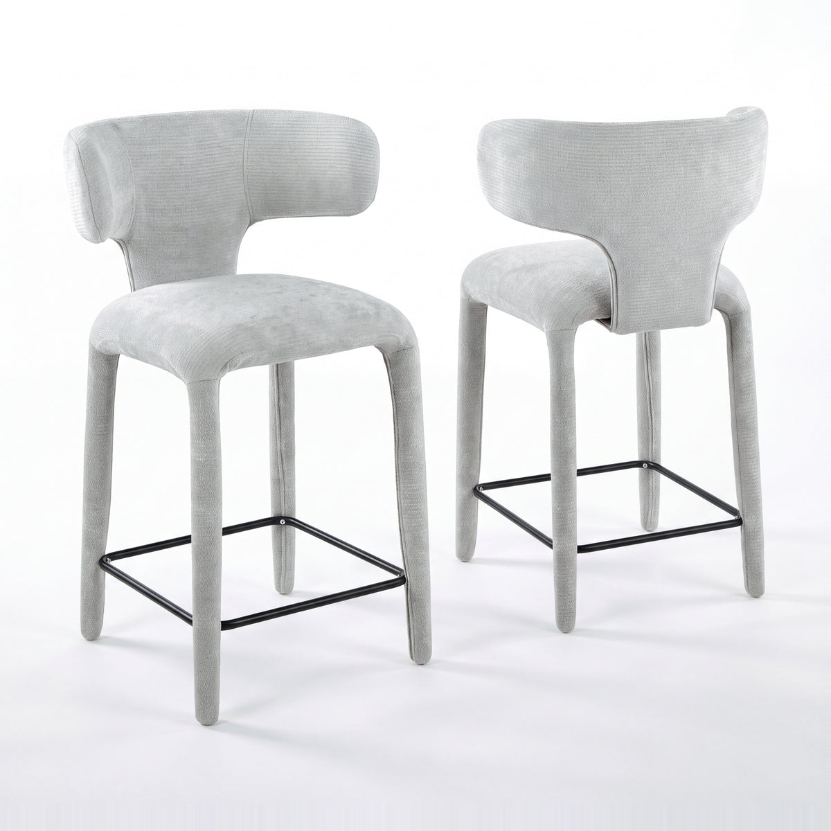 Emma 2pc Set Bar Chair Barstool Grey, pair of stools, front and rear views, on a white background