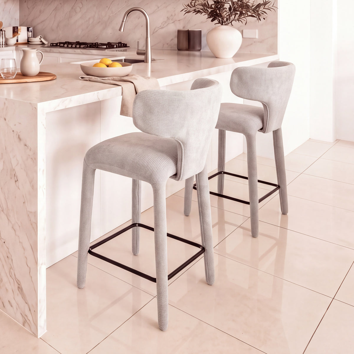 Emma 2pc Set Bar Chair Barstool Grey, at a marble kitchen island