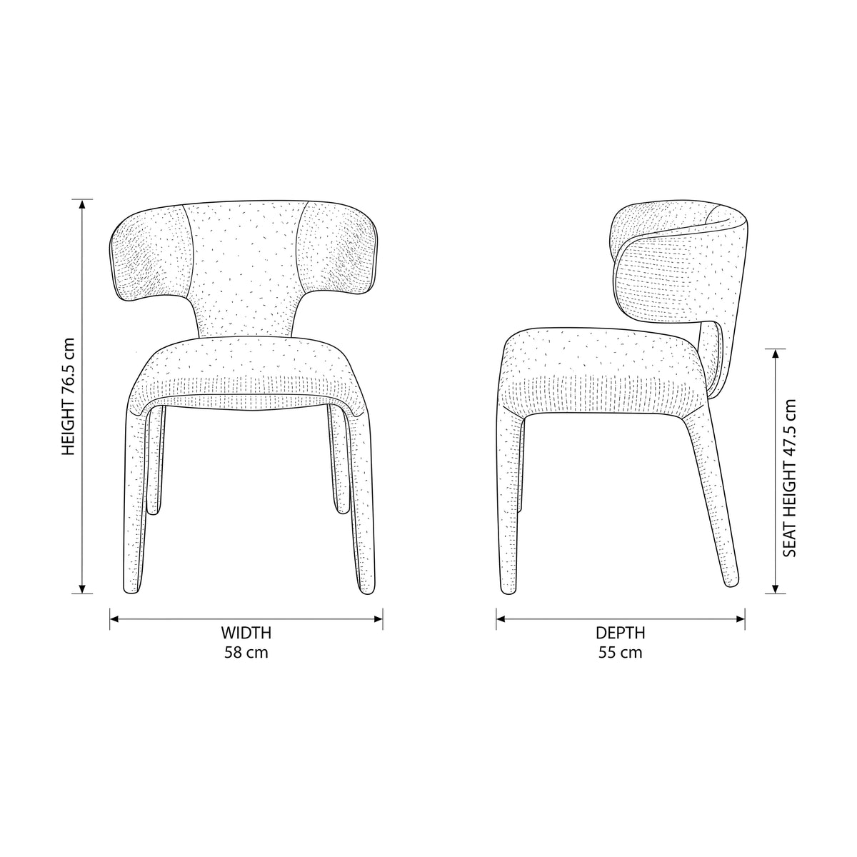 Emma 2pc Set Dining Chair Green — dimensions diagram, W58 x D55 x H76.5 cm, seat height 47.5 cm
