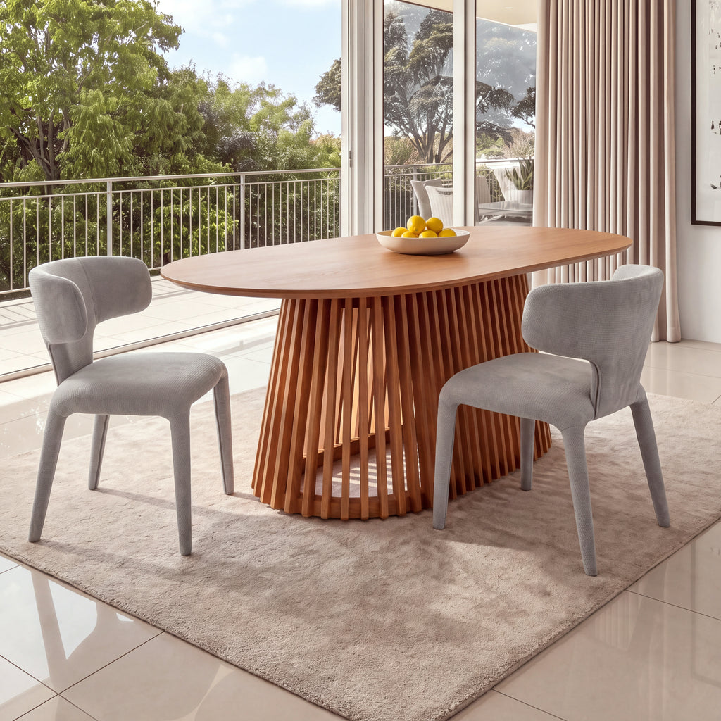 Emma 2pc Set Dining Chair Grey, at a timber dining table with a slatted pedestal