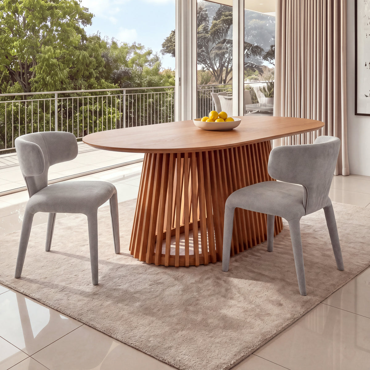 Emma 2pc Set Dining Chair Grey, at a timber dining table with a slatted pedestal