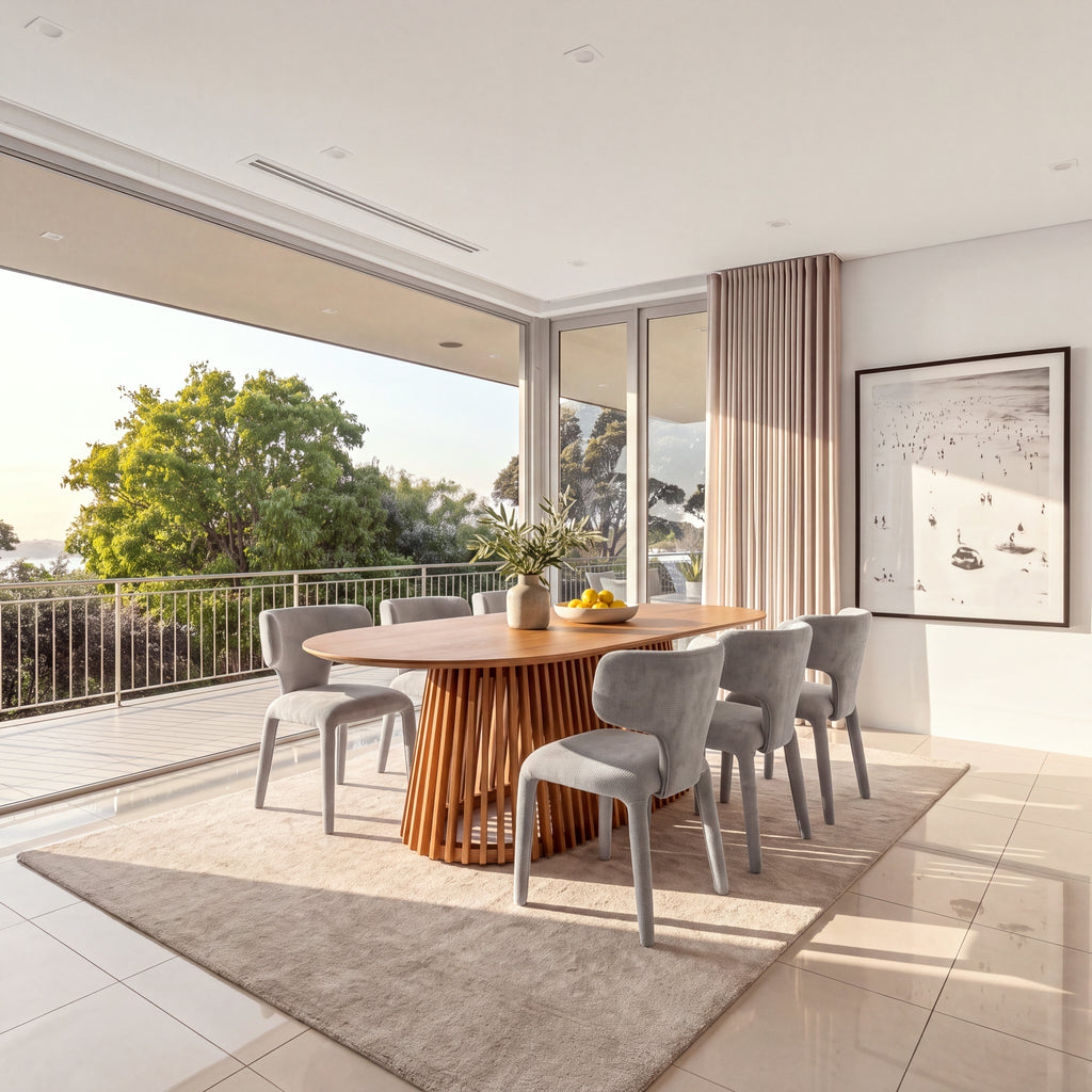 Emma 2pc Set Dining Chair Grey, in a dining room with balcony views, wide view