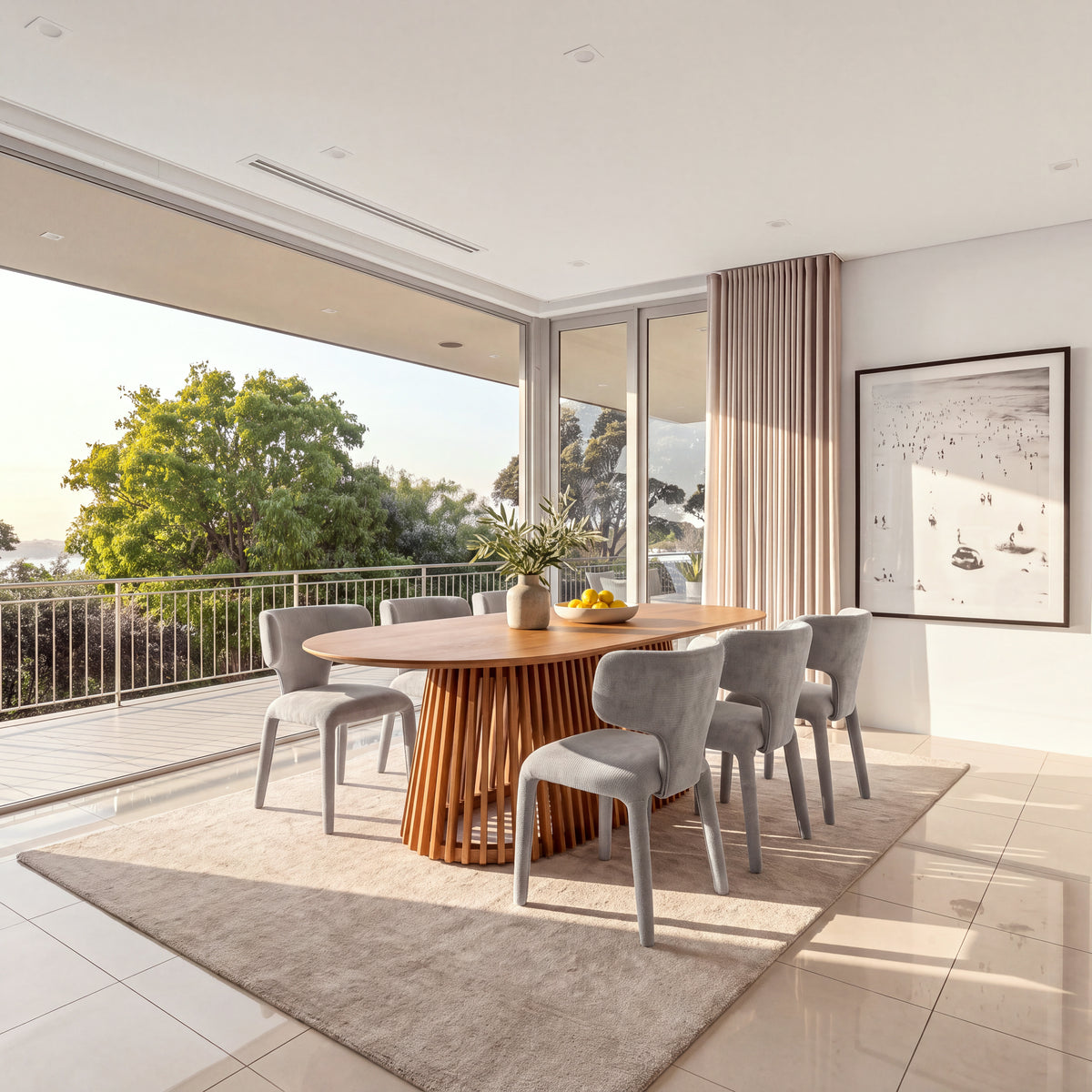 Emma 2pc Set Dining Chair Grey, in a dining room with balcony views, wide view