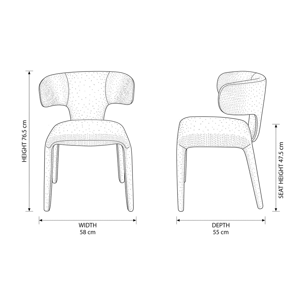 Emma 2pc Set Dining Chair Grey — dimensions diagram, W58 x D55 x H76.5 cm, seat height 47.5 cm