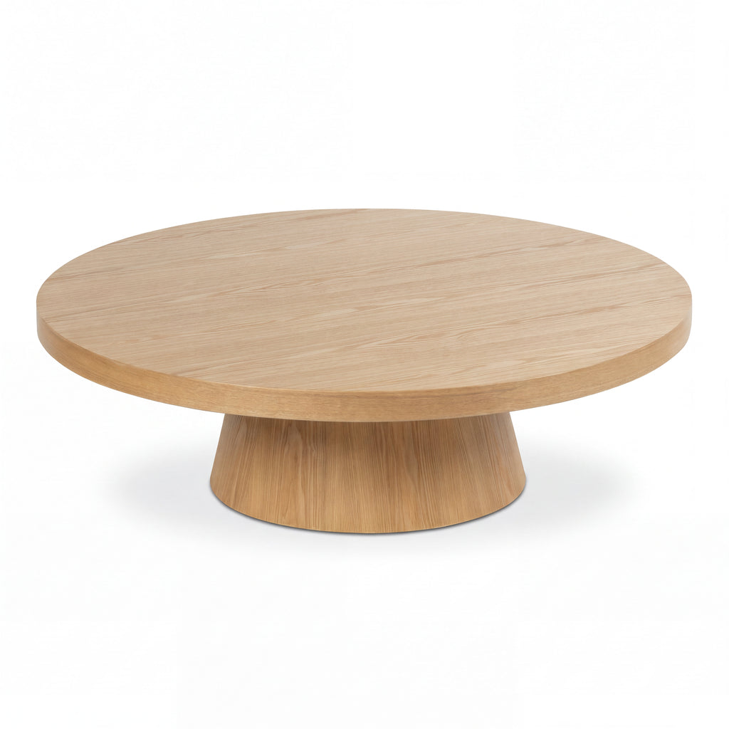 Erina 110cm Round Coffee Table Natural Oak, angled view on a white background