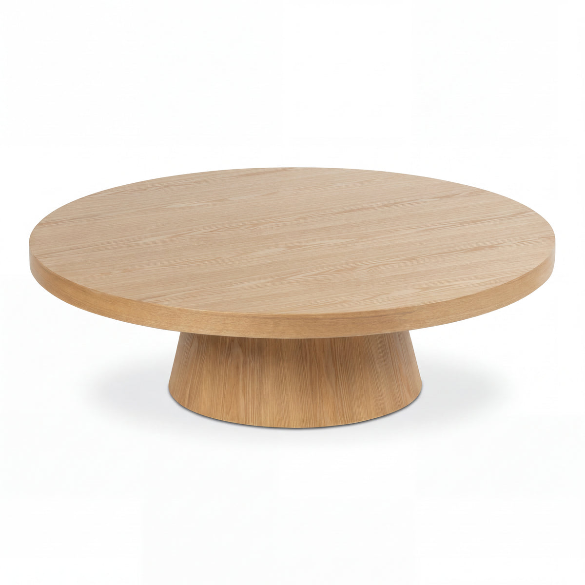 Erina 110cm Round Coffee Table Natural Oak, angled view on a white background
