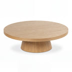 Erina 110cm Round Coffee Table Natural Oak, angled view on a white background