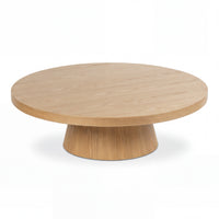 Erina 110cm Round Coffee Table Natural Oak, angled view on a white background