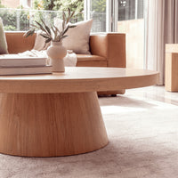 Erina 110cm Round Coffee Table Natural Oak, close-up of the pedestal base