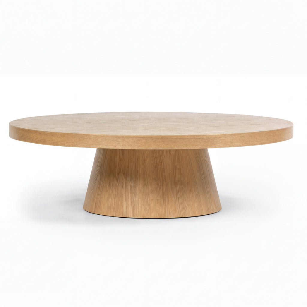 Erina 110cm Round Coffee Table Natural Oak, side view on a white background