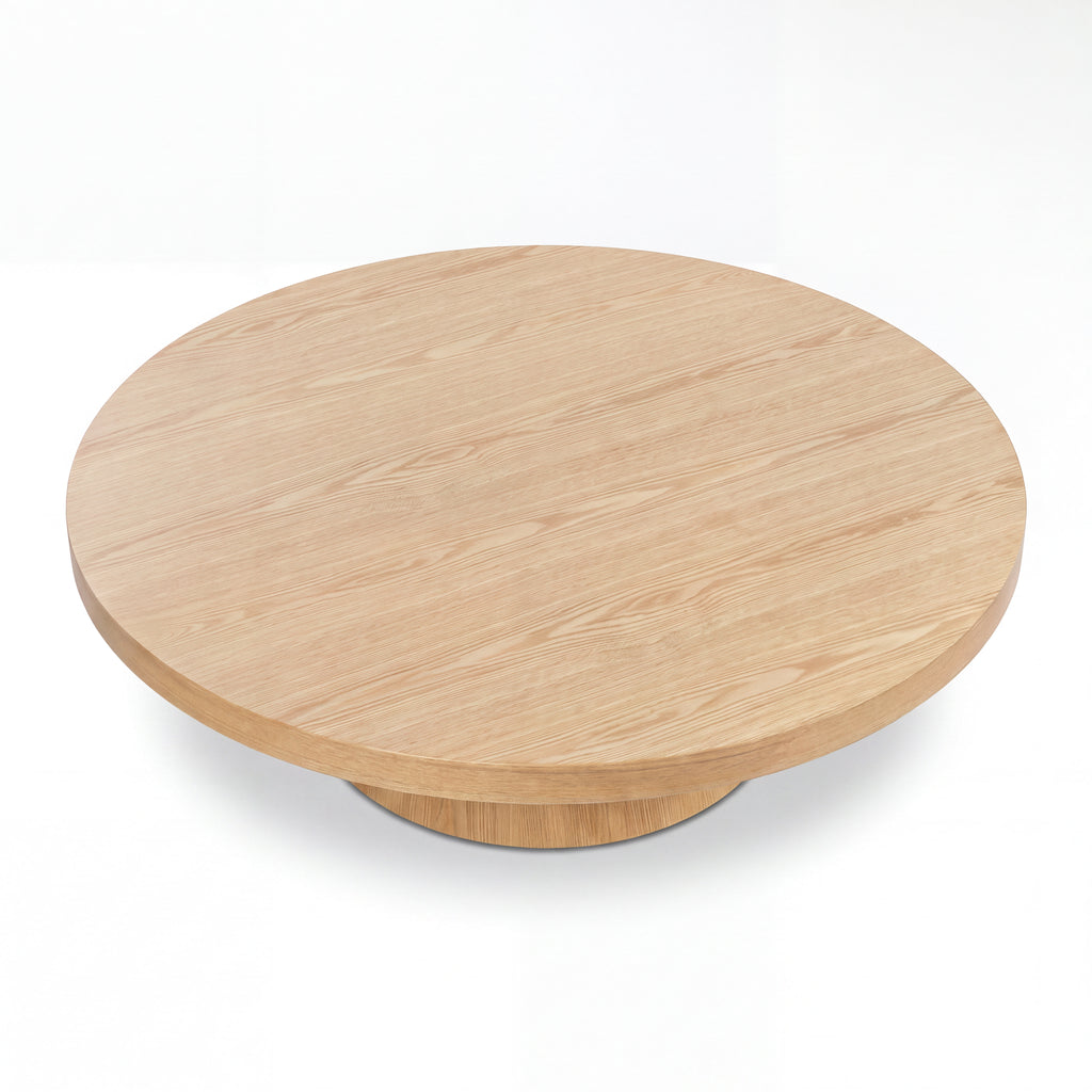 Erina 110cm Round Coffee Table Natural Oak, raised view of the round tabletop on a white background