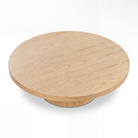 Erina 110cm Round Coffee Table Natural Oak, raised view of the round tabletop on a white background