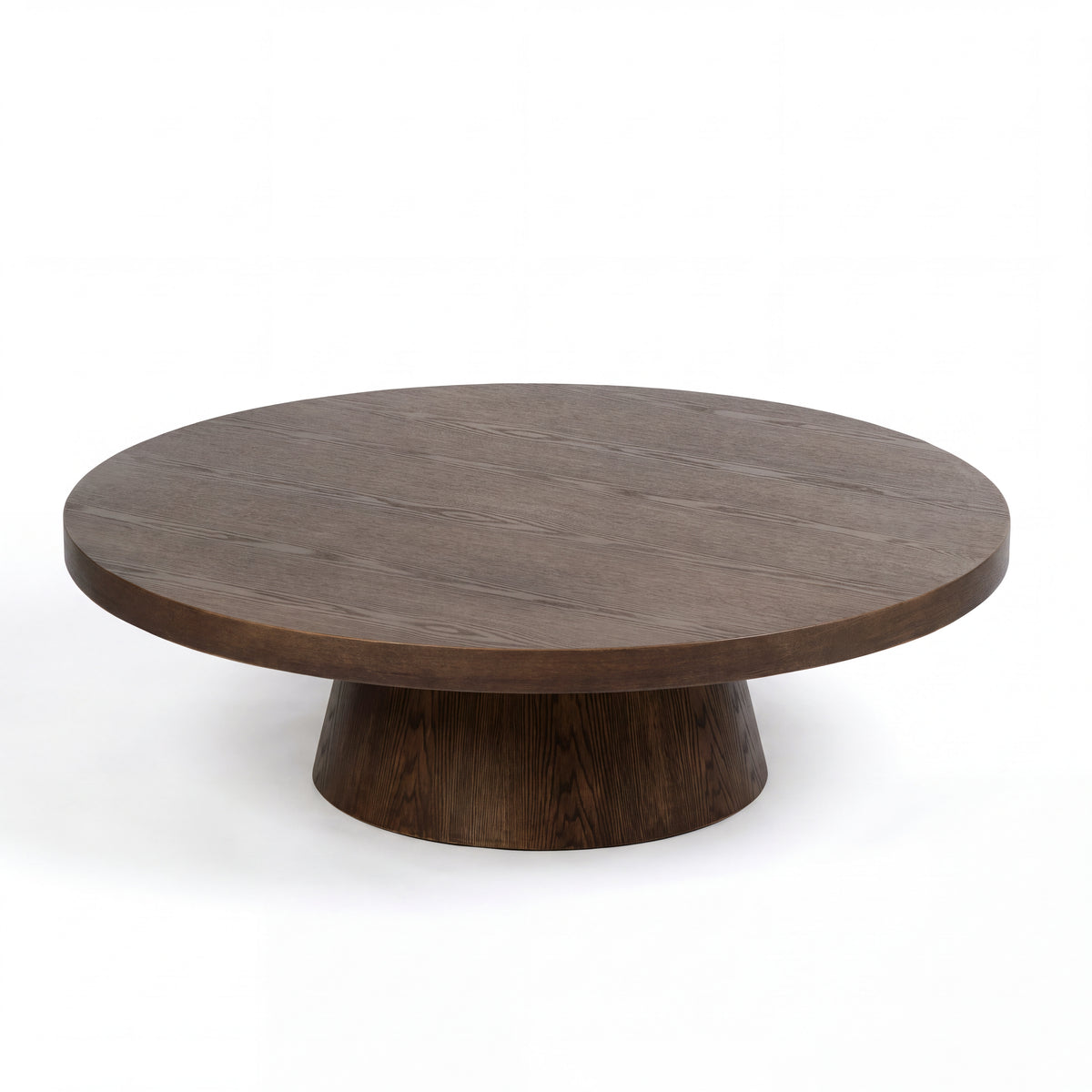 Erina 110cm Round Coffee Table Natural Walnut, angled view on a white background