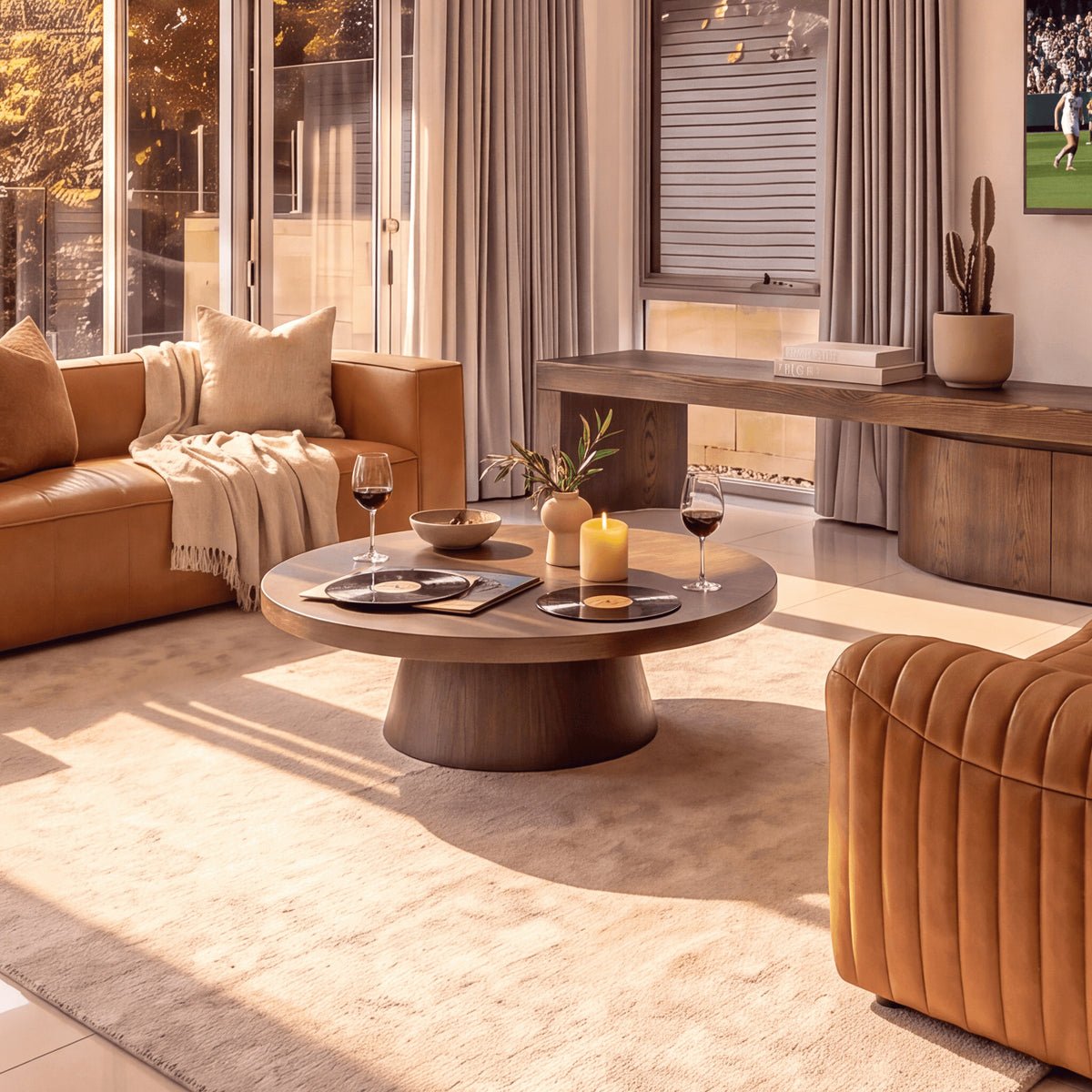 Erina 110cm Round Coffee Table Natural Walnut, in a living room beside a leather sofa, three-quarter view