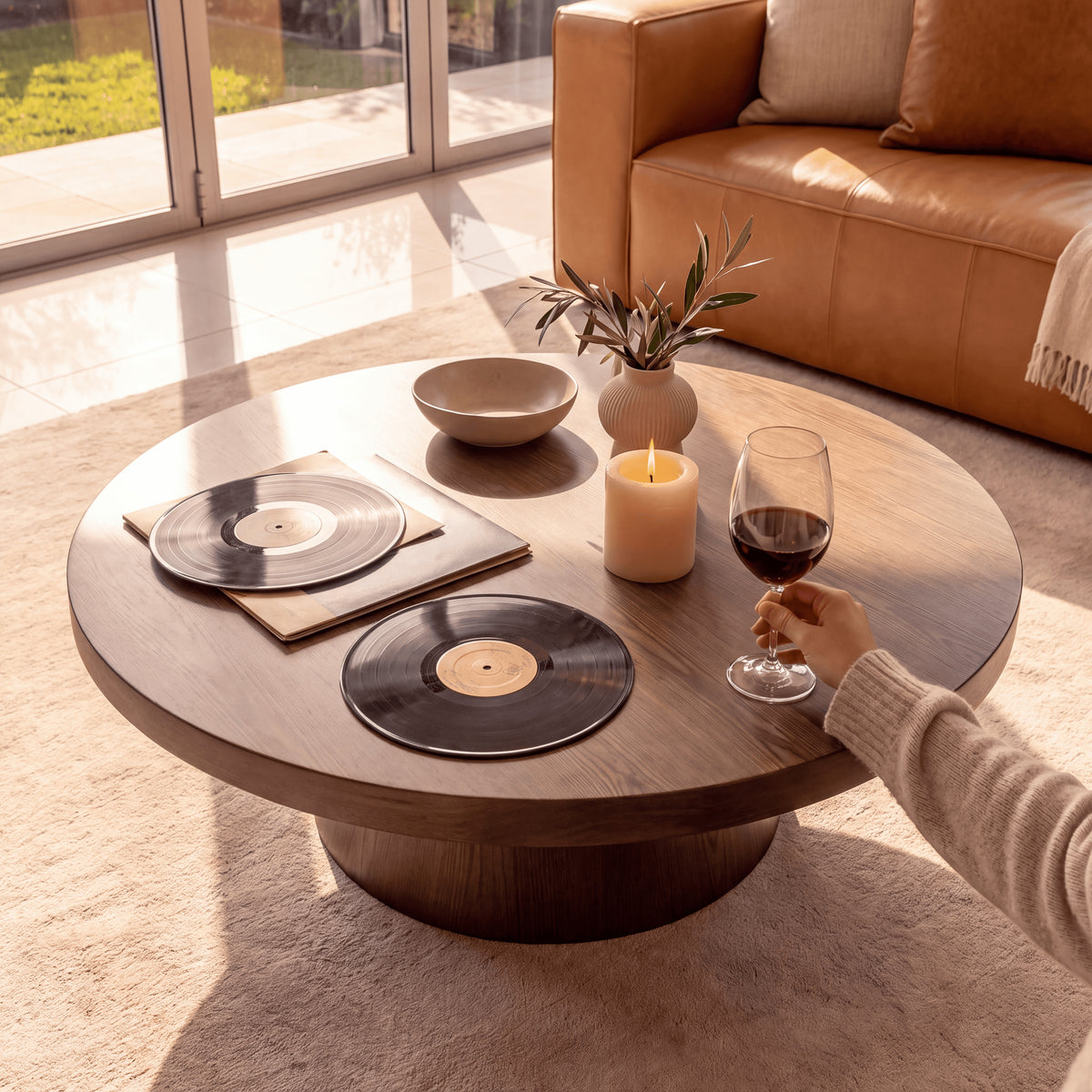 Erina 110cm Round Coffee Table Natural Walnut, close-up of the tabletop with vinyl records and a glass of wine