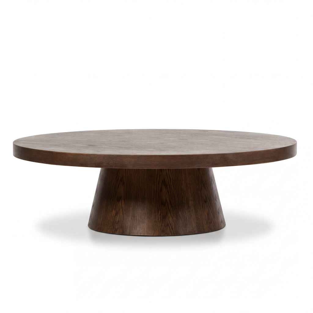 Erina 110cm Round Coffee Table Natural Walnut, side view on a white background