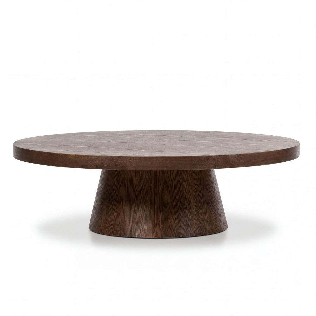 Erina 110cm Round Coffee Table Natural Walnut, side view on a white background