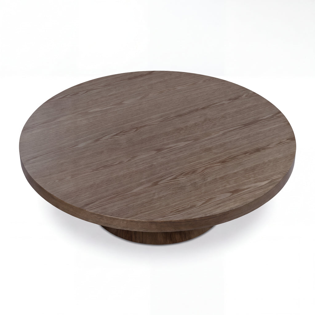 Erina 110cm Round Coffee Table Natural Walnut, raised view of the round tabletop on a white background