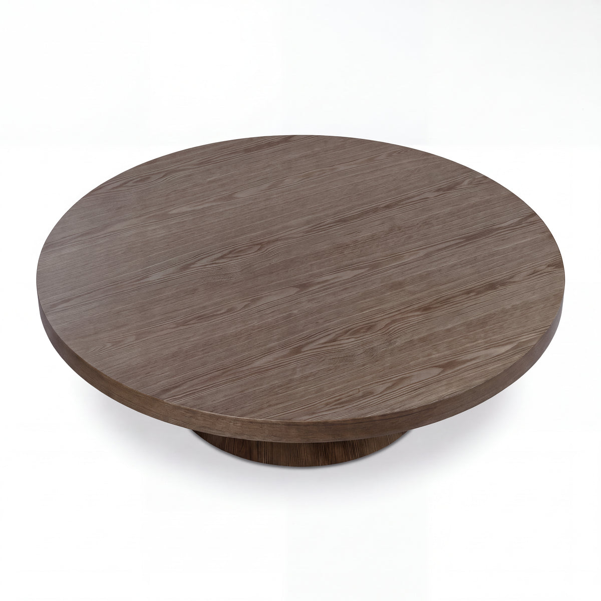 Erina 110cm Round Coffee Table Natural Walnut, raised view of the round tabletop on a white background
