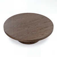 Erina 110cm Round Coffee Table Natural Walnut, raised view of the round tabletop on a white background