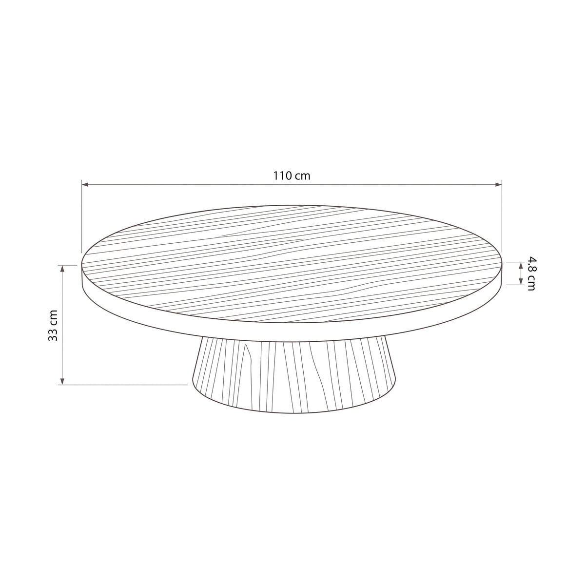 Erina 110cm Round Coffee Table Natural Walnut — dimensions diagram, 110 cm diameter x 33 cm high