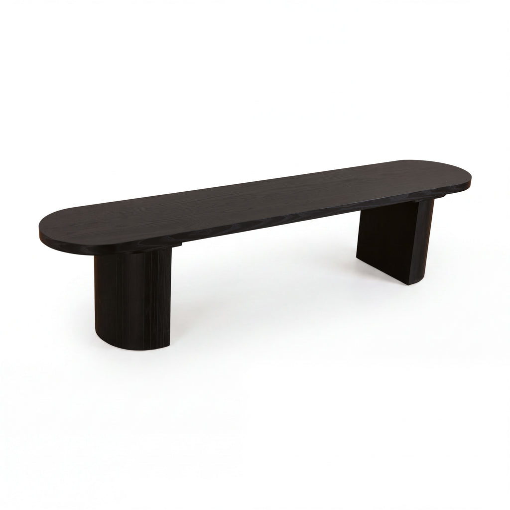 Eve 198cm Dining Bench Black, three-quarter view on a white background showing the rounded-end top and two half-round legs
