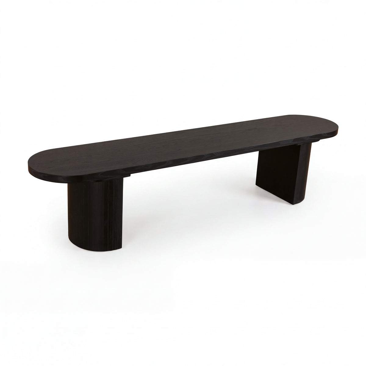 Eve 198cm Dining Bench Black, three-quarter view on a white background showing the rounded-end top and two half-round legs