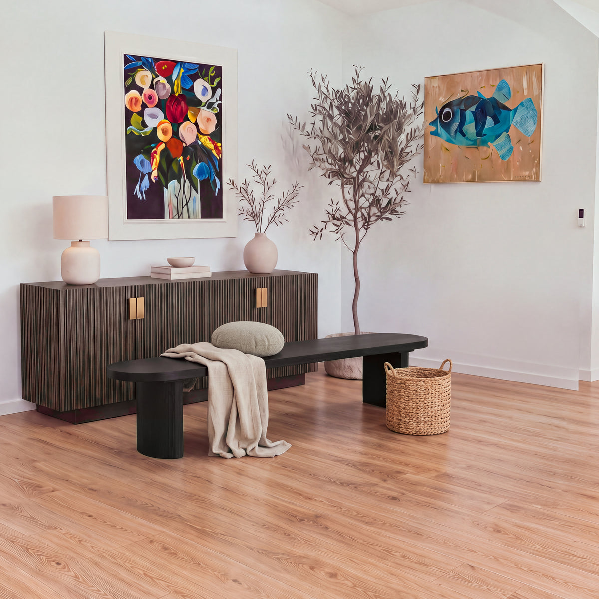 Eve 198cm Dining Bench Black on its own in front of a reeded sideboard, with a linen throw, cushion and woven basket