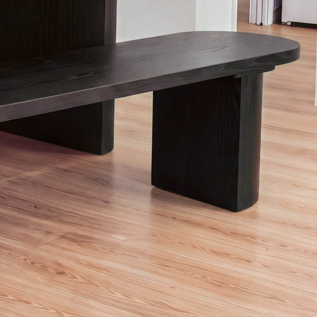 Eve 198cm Dining Bench Black, close view of the rounded end and half-round leg