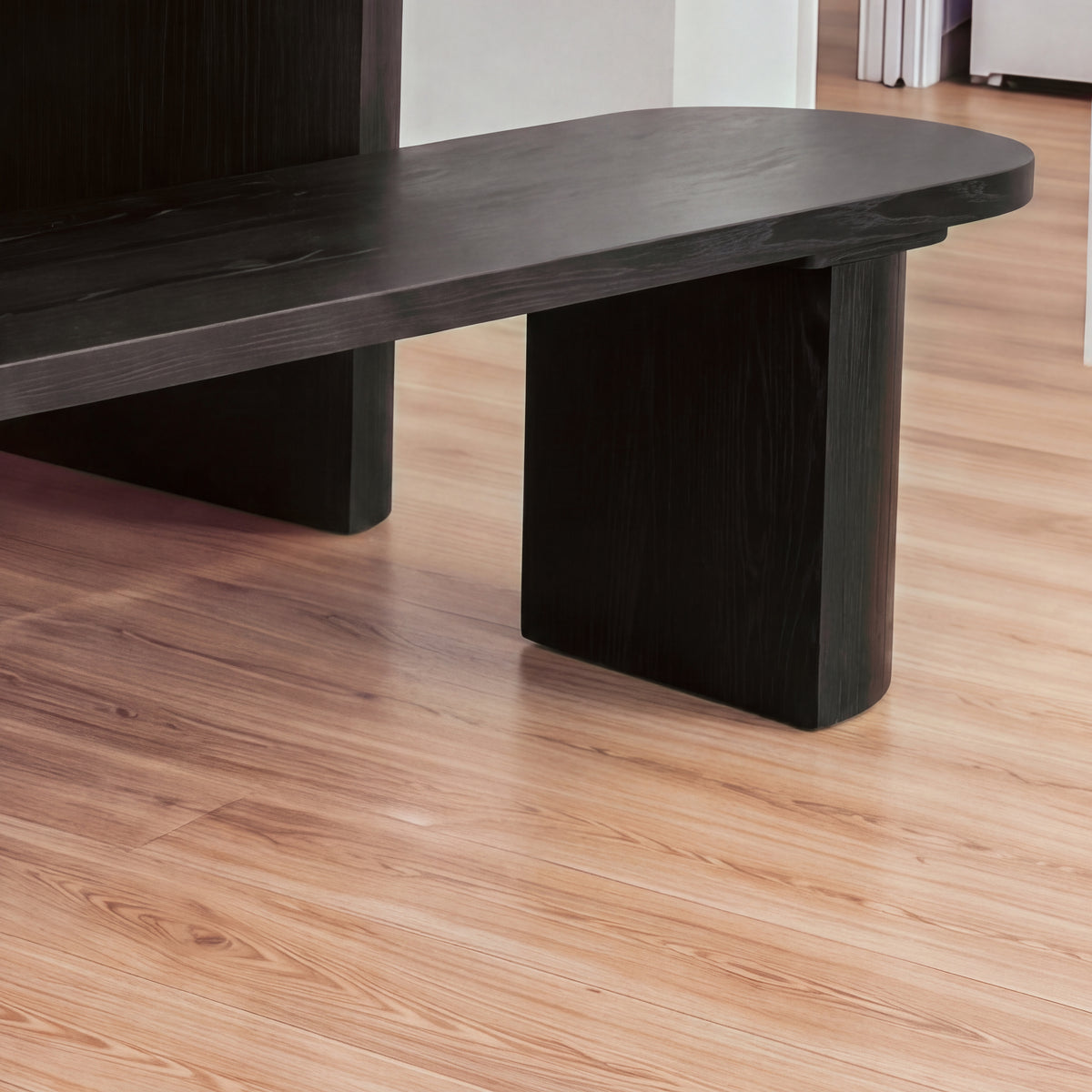 Eve 198cm Dining Bench Black, close view of the rounded end and half-round leg