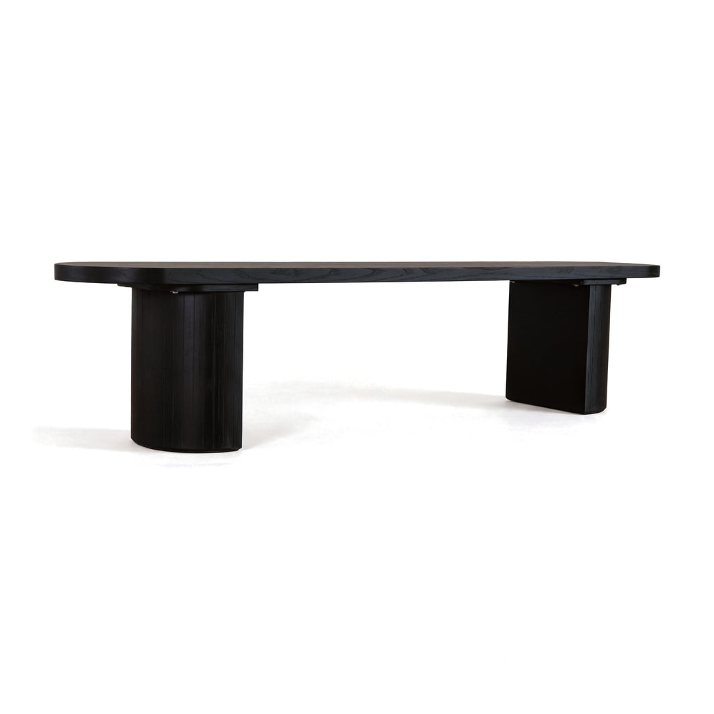 Eve 198cm Dining Bench Black, low three-quarter view on a white background showing the flat and rounded faces of the legs