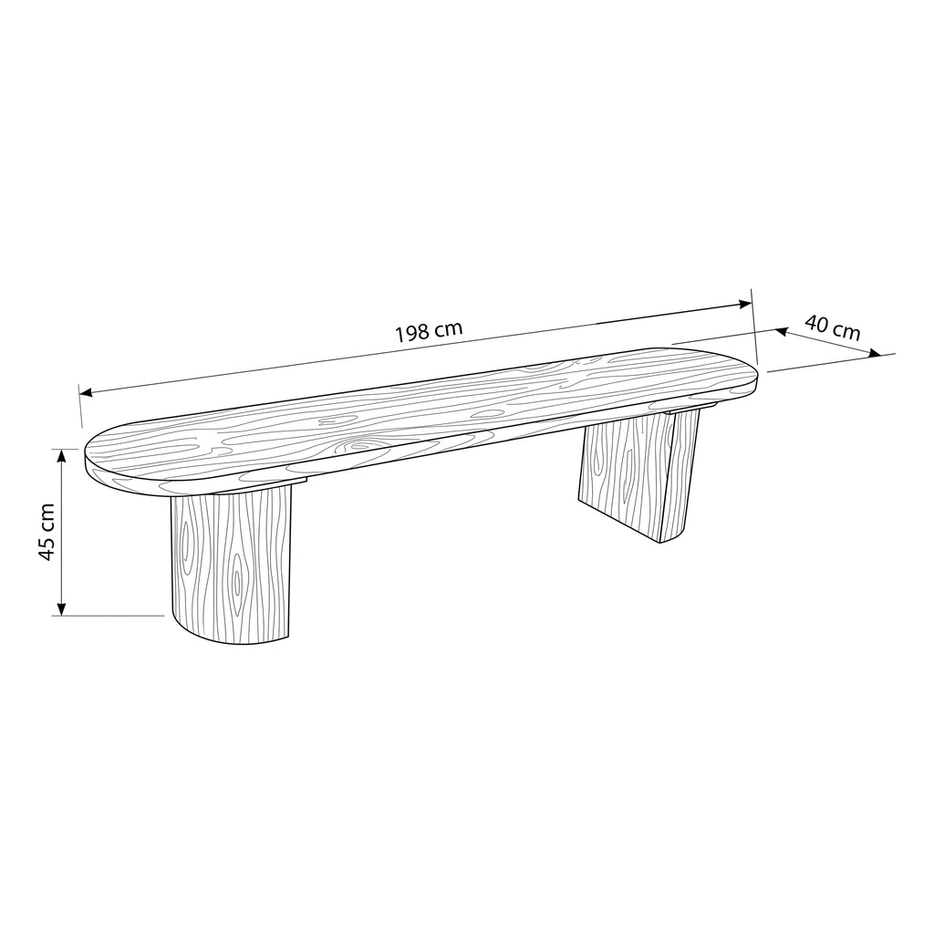 Eve 198cm Dining Bench Black, dimension drawing: 198 cm long, 40 cm deep, 45 cm high