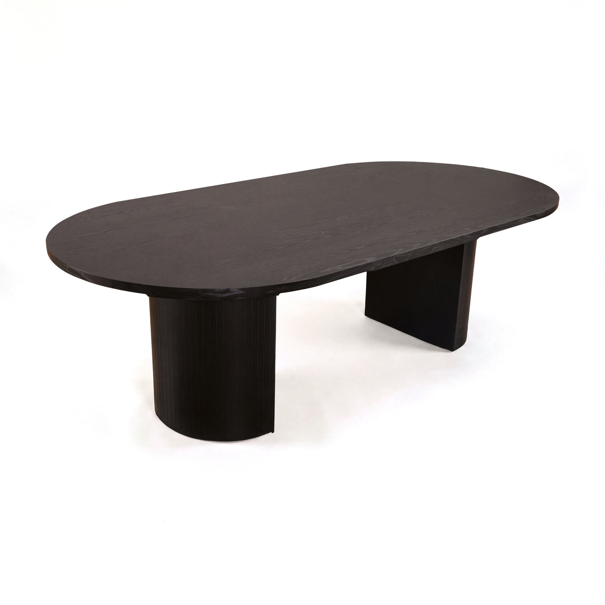 Eve 240cm Oval Dining Table Black, three-quarter view on a white background showing the racetrack oval top and two half-round pedestals