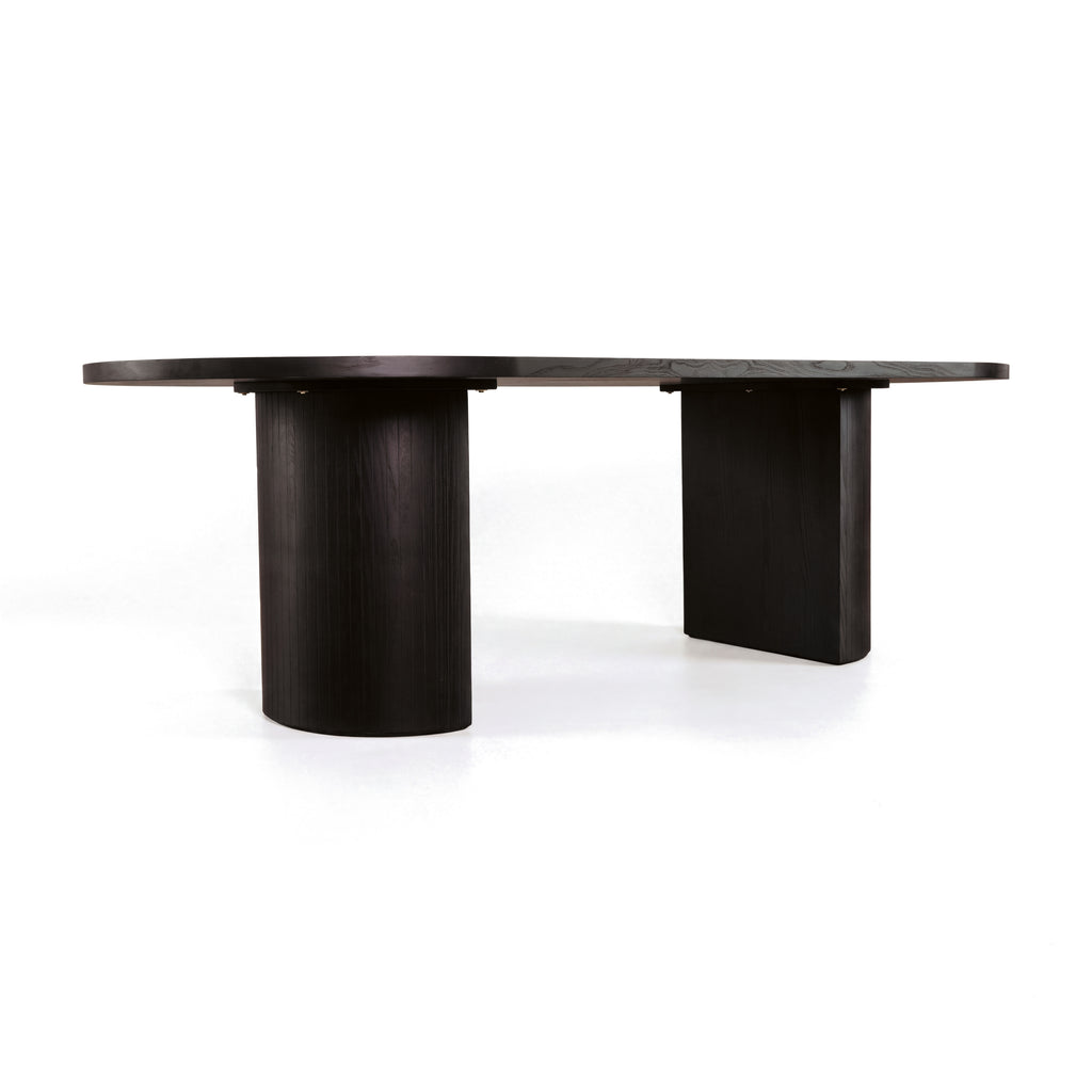 Eve 240cm Oval Dining Table Black, low three-quarter view on a white background showing the flat and rounded faces of the pedestals