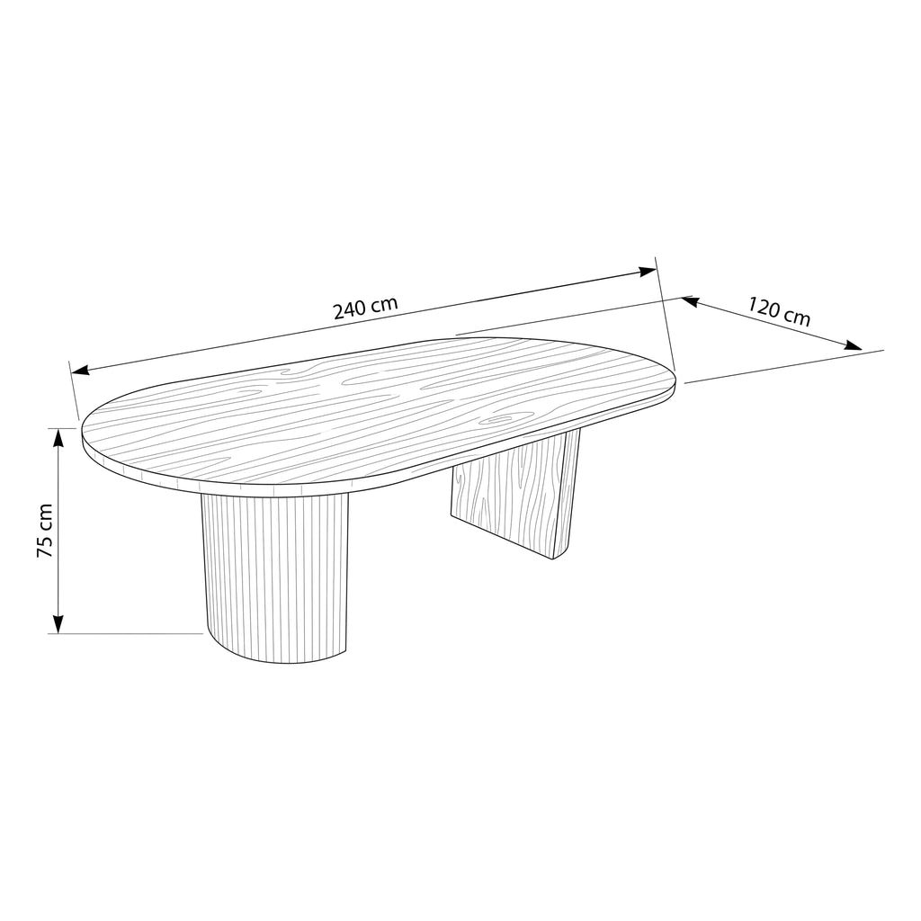 Eve 240cm Oval Dining Table Black, dimension drawing: 240 cm long, 120 cm wide, 75 cm high
