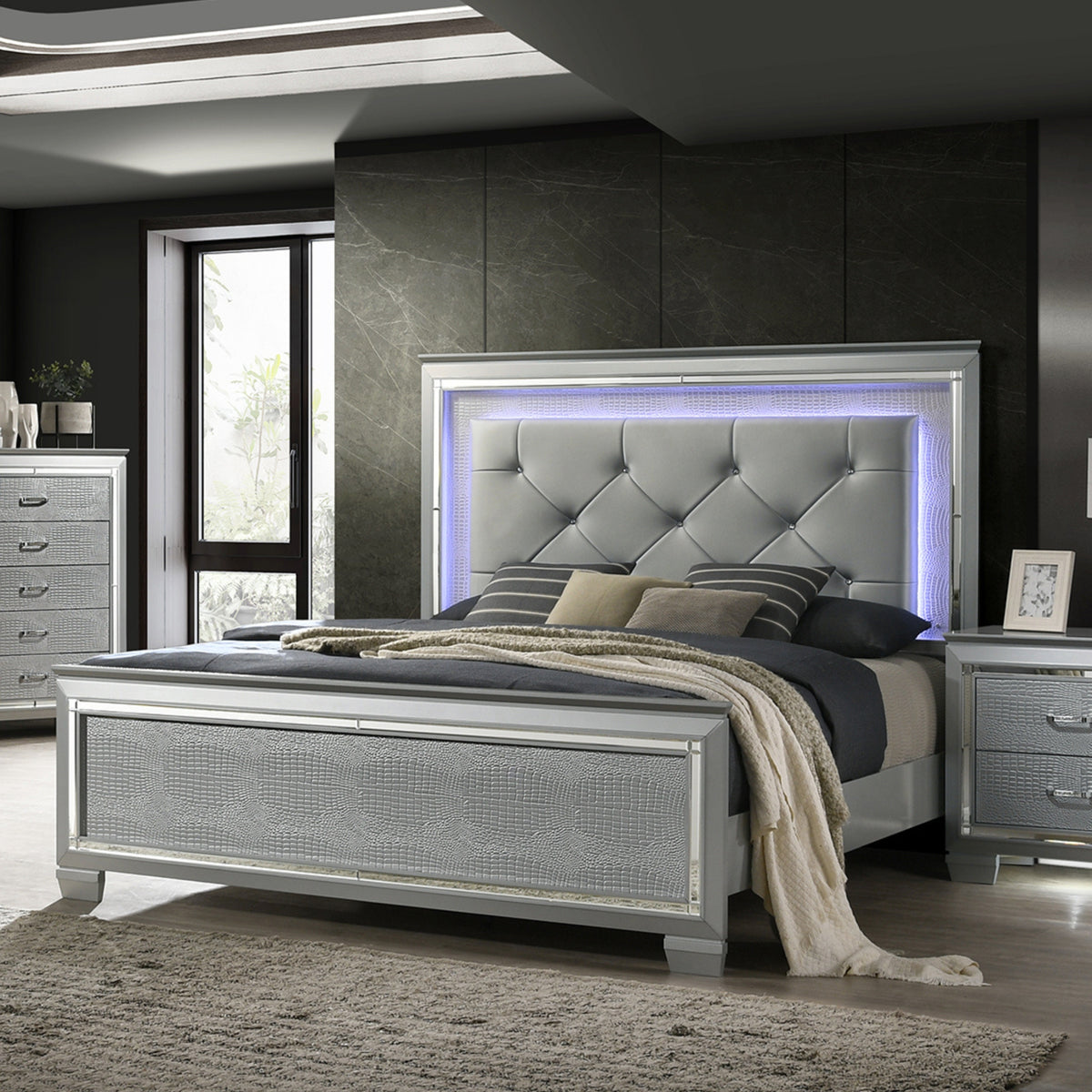 Flashy King Bed Frame Led Light Headboard Silver