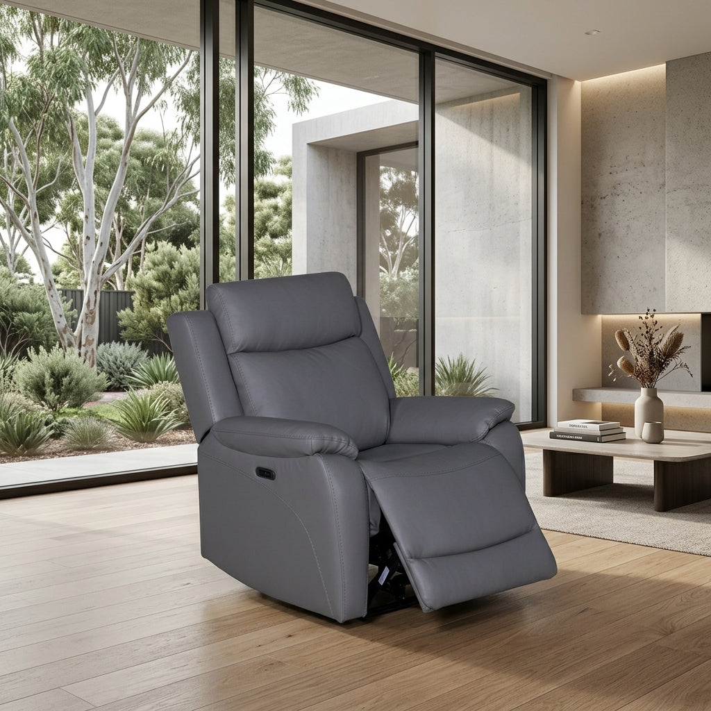 Flint 1 Seater Electric Recliner Chair Genuine Leather Graphite Grey