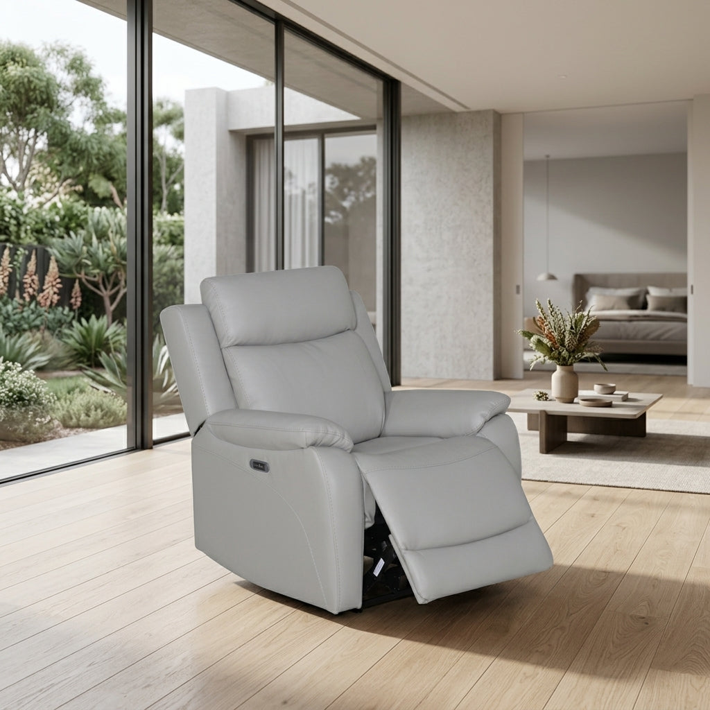 Flint 1 Seater Electric Recliner Chair Genuine Leather Light Grey