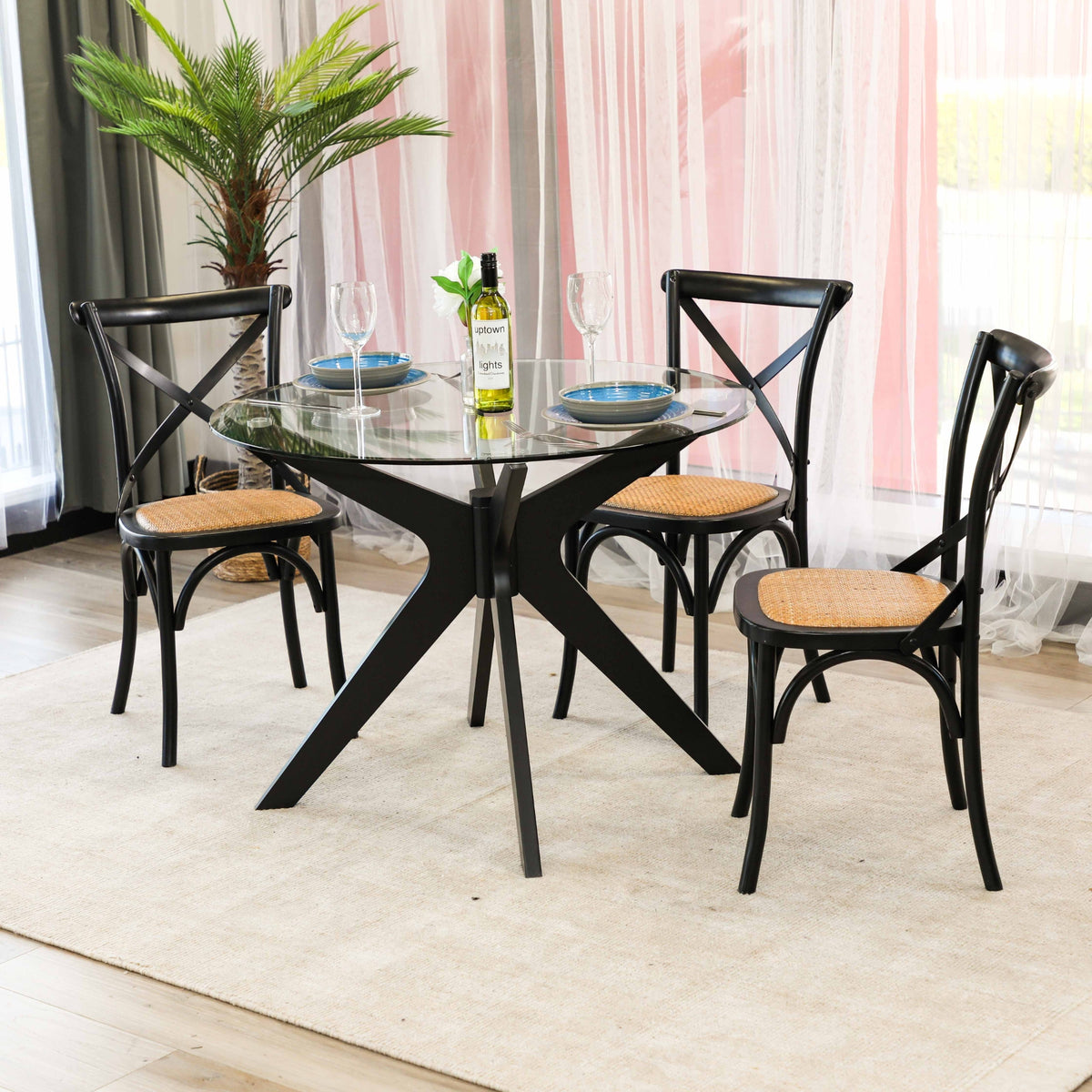 Forza 100cm 4 Seater Round Glass Dining Table - Black