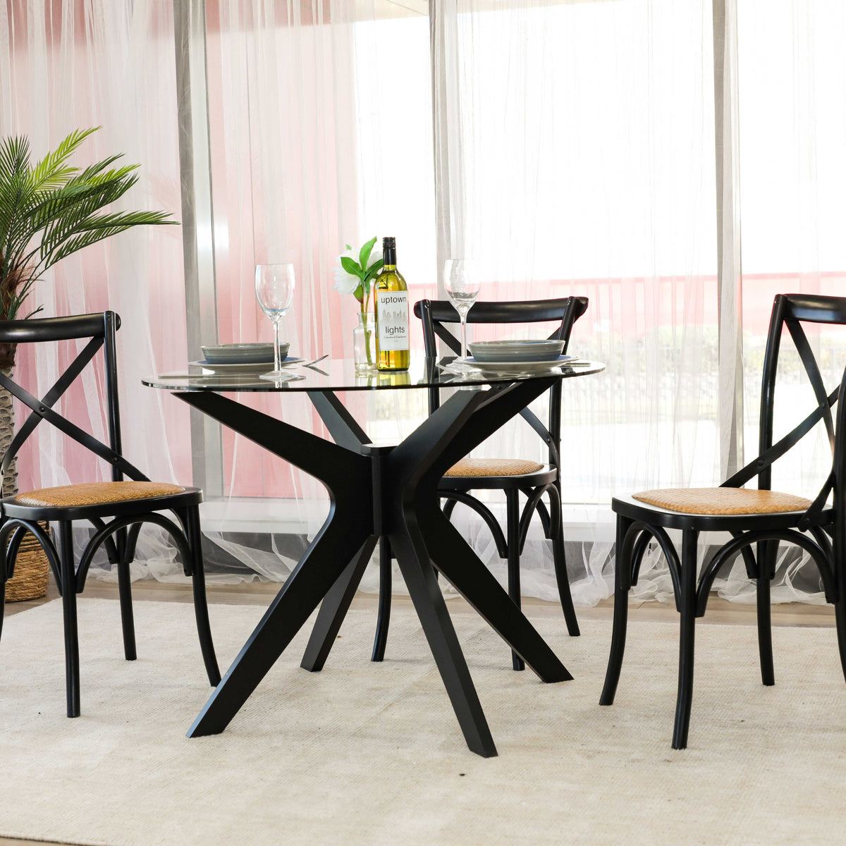 Forza 100cm 4 Seater Round Glass Dining Table - Black