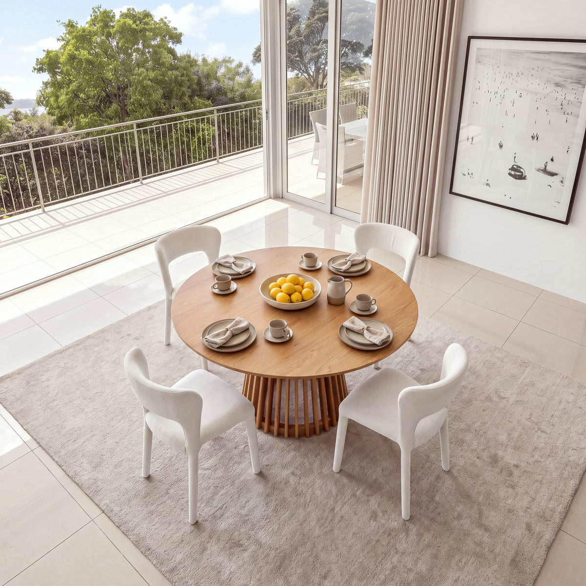 Frances 4pc Set Dining Chair Stackable Beige, around a dining table set for a meal, overhead view