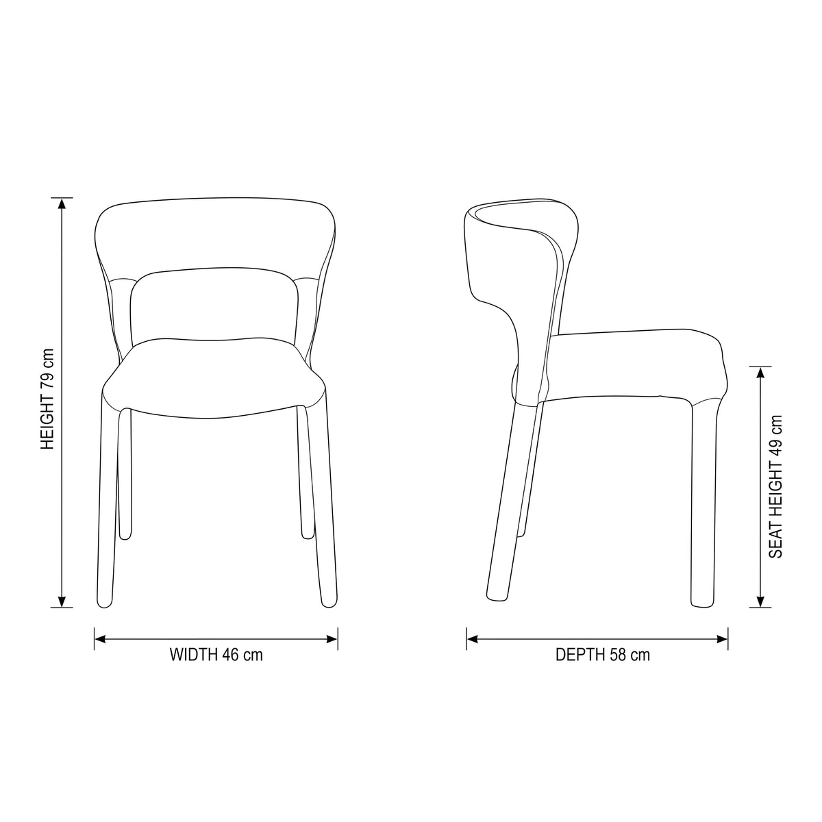 Frances 4pc Set Dining Chair Stackable Beige — dimensions diagram, W46 x D58 x H79 cm, seat height 49 cm