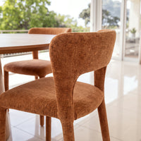 Frances 4pc Set Dining Chair Stackable Rust Orange, close-up of the curved backrest and seat