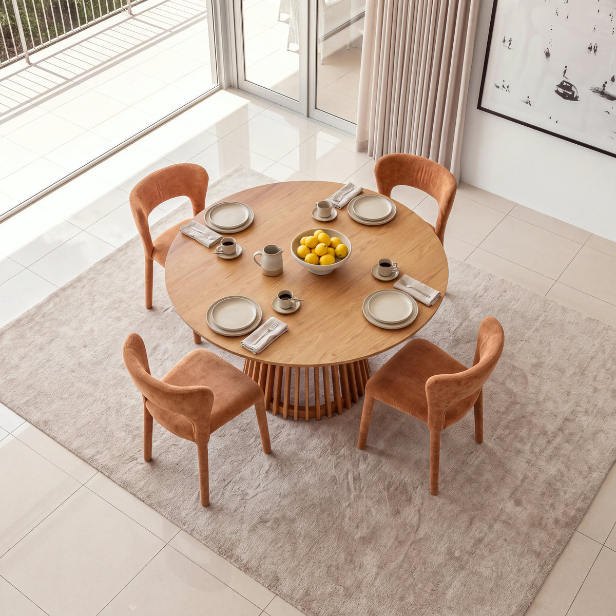 Frances 4pc Set Dining Chair Stackable Rust Orange, around a dining table set for a meal, overhead view