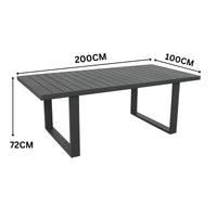 Furano 7pc Set Aluminium Outdoor Dining 200cm Table Chair Gunmetal Grey