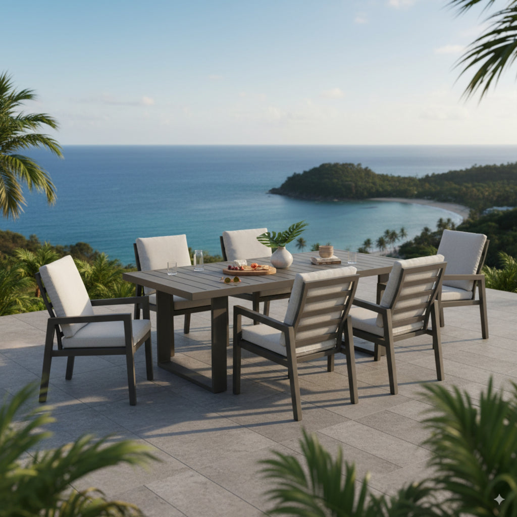 Furano 7pc Set Aluminium Outdoor Dining 200cm Table Chair Gunmetal Grey