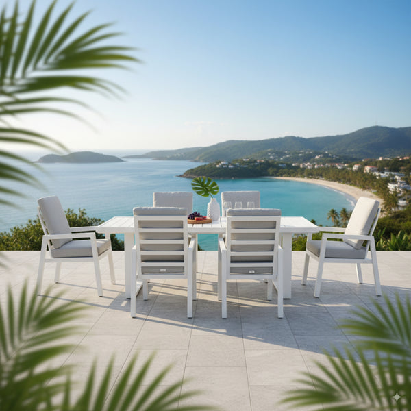 Furano 7pc Set Aluminium Outdoor Dining 200cm Table Chair White