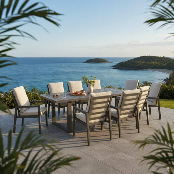 Furano 9pc Set Aluminium Outdoor Dining 260cm Table Chair Gunmetal Grey