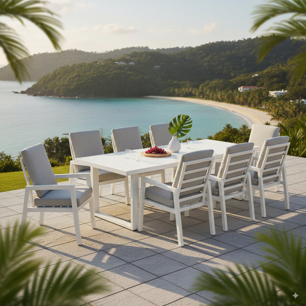 Furano 9pc Set Aluminium Outdoor Dining 260cm Table Chair White