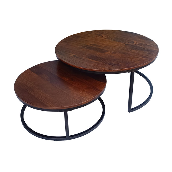 Gemini 2pc Set Round Nesting Coffee Table Mango Wood Top Walnut 